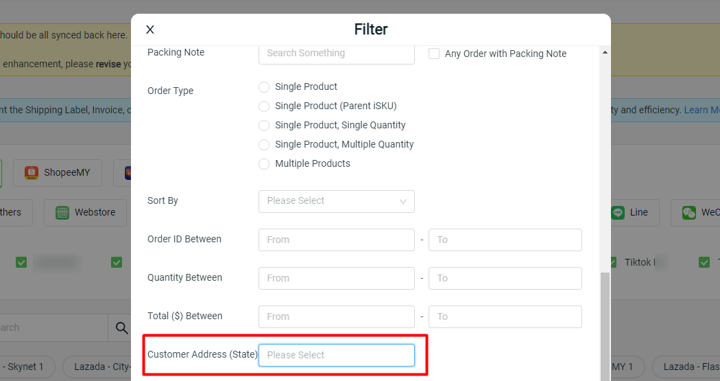Order processing customer address filter