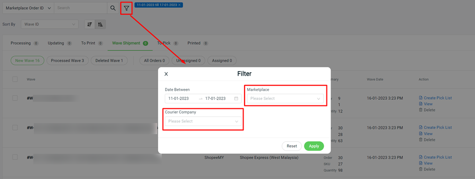wave shipment marketplace with courier filter