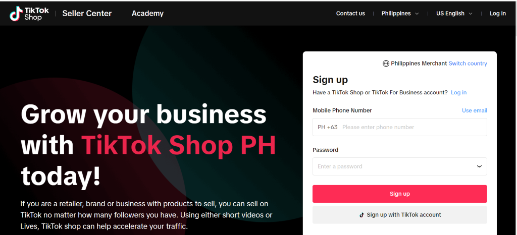 Tiktok Shop Philippines log in page 