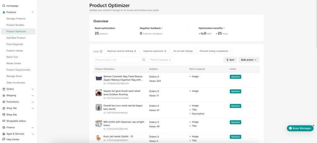 the product optimizer page fon TikTok Shop 