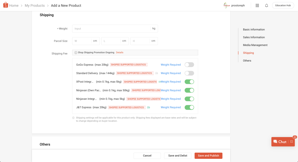 select the shipping channel you prefer