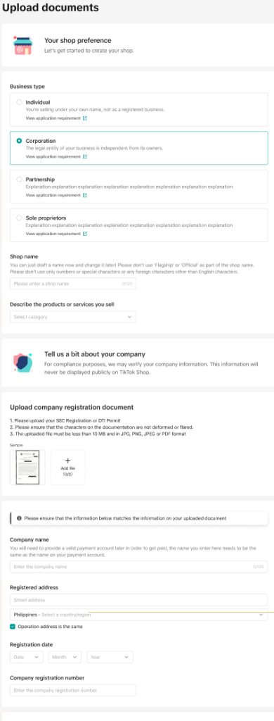 the document application uploading page for corporate seller 