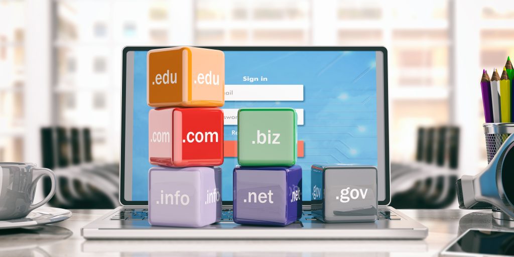 Domain names cubes on a laptop and office background