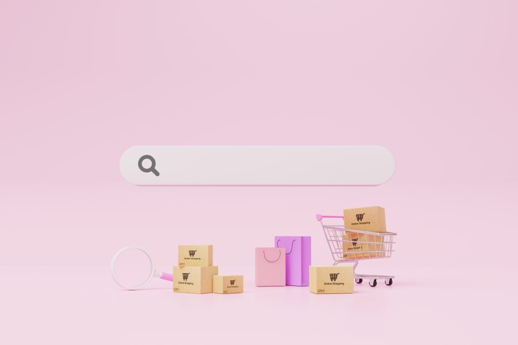 Carton paper box with shopping cart and magnifying glass on pink background with search bar. 