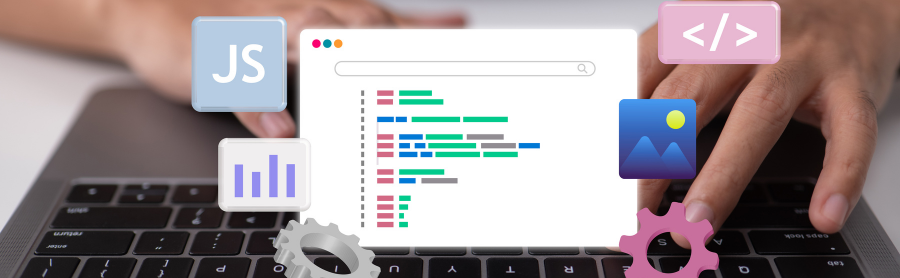 man using laptop with coding graphics
