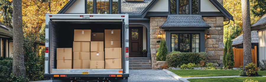 courier service truck van stopped at in front of a house