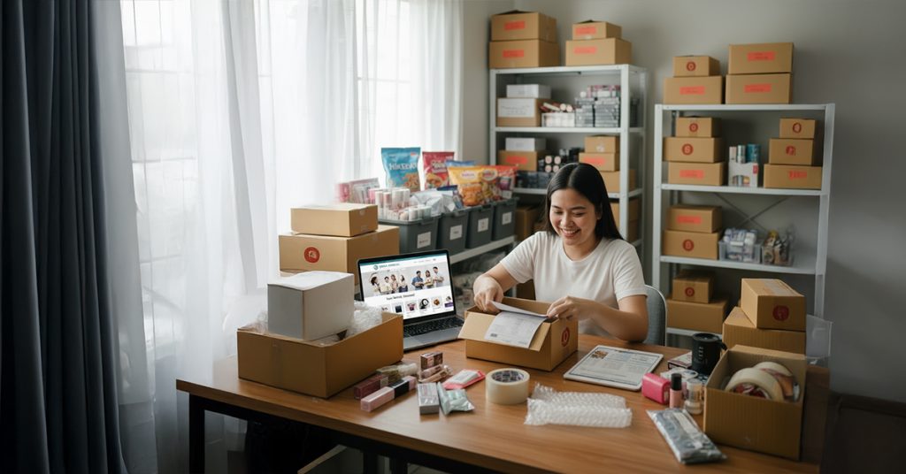 Online seller happy packing white using sitegiant webstore