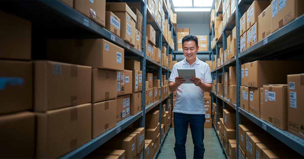 Filipino SME business owner updating stock levels on a tablet while surrounded by product boxes – inventory management in Philippines