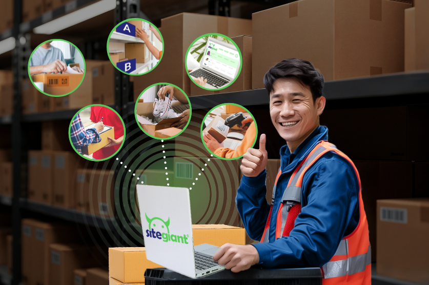 Warehouse staff tumbs up with SiteGiant's WMS features