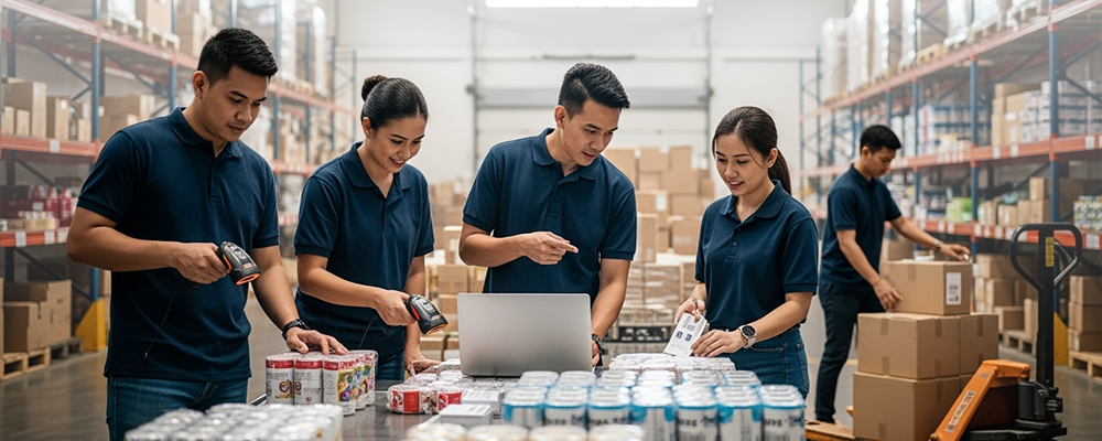 Filipino businesswoman smiling with her team while scanning products with a barcode scanner in a warehouse – inventory management in Philippine