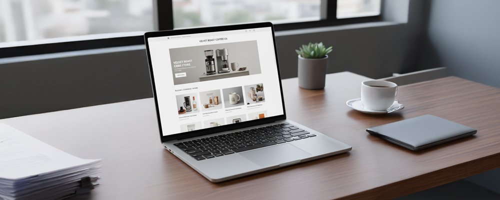 Example of a webstore showing product listings and shopping cart on desktop