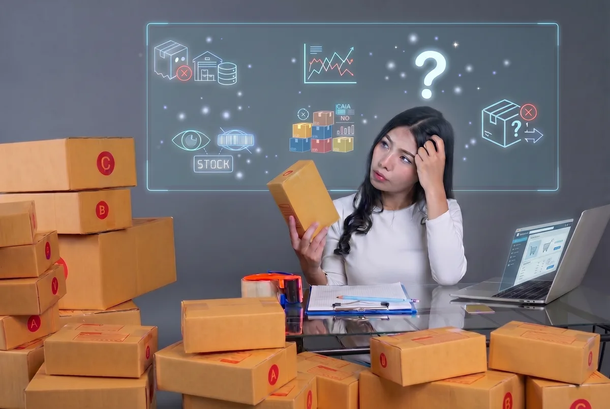 Malaysian eCommerce business owner reviewing messy inventory records, struggling to identify stock issues across multiple channels