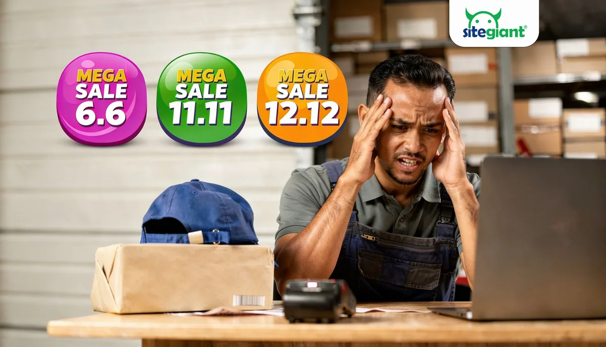 eCommerce business owner overwhelmed during mega sales, struggling with inventory management and order fulfillment.