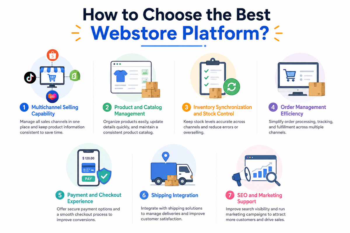 Business owner comparing key factors when choosing the best webstore platform for their ecommerce business.